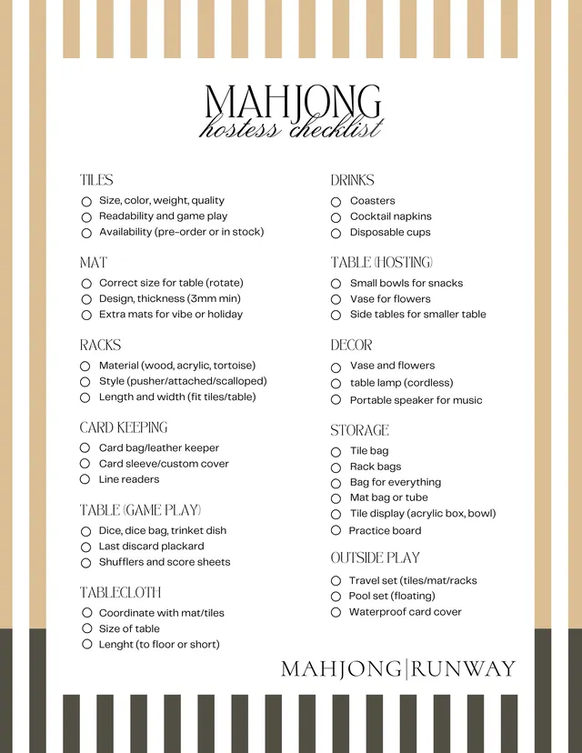 Mahjong hostess checklist — tiles, racks, dice, and tablescape pieces
