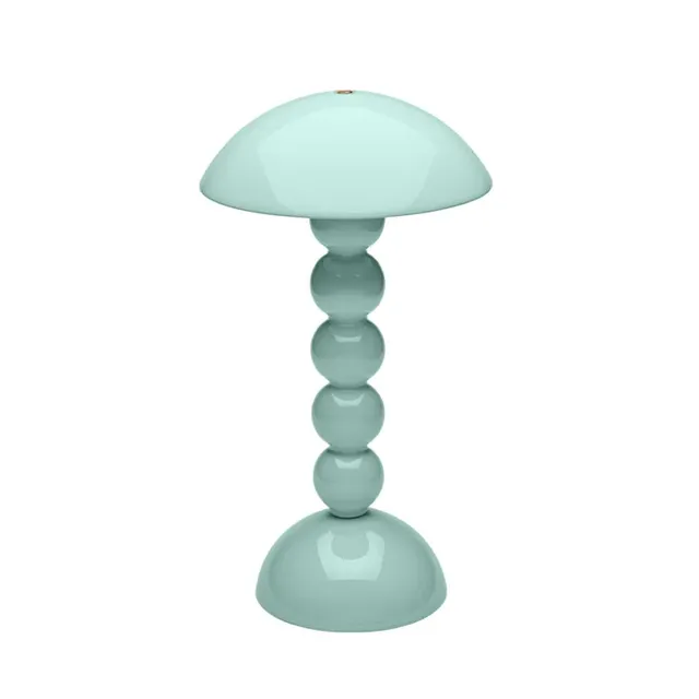 Bobbin-shaped rechargeable LED lamp in cherry lacquer finish.