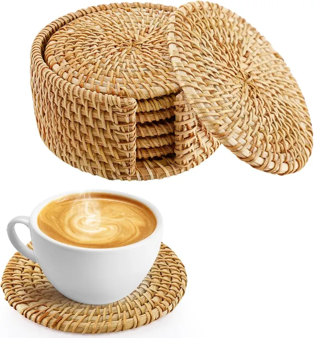 Set of 6 natural rattan coasters with rounded edges.