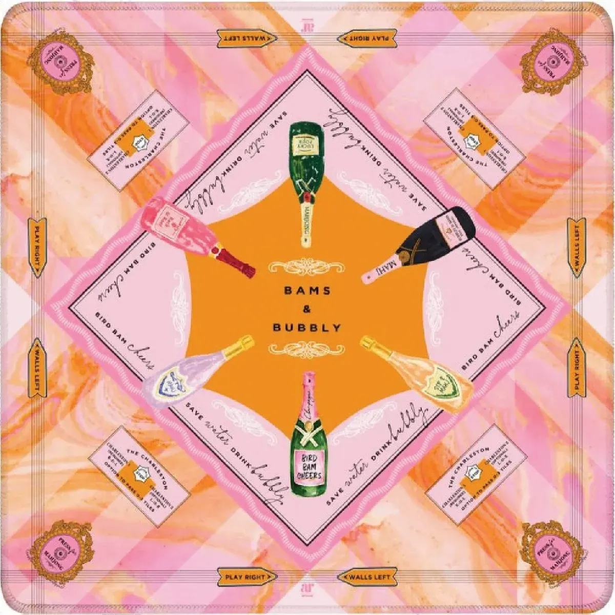 Playful Anders Ruff Bams and Bubbly Mahjong Mat with champagne bubbles.