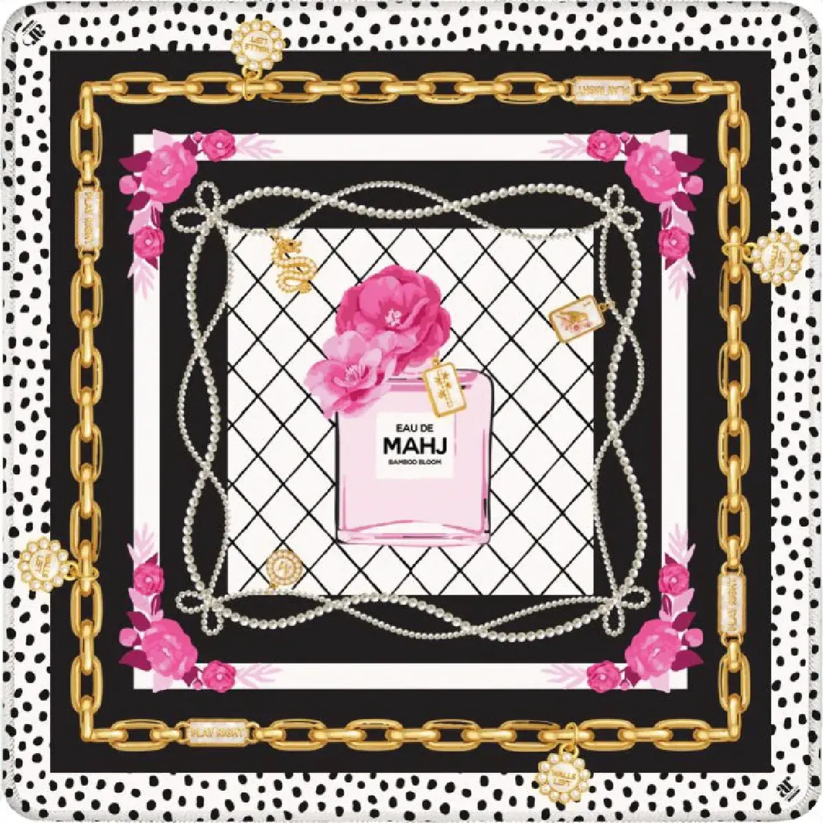 Soft fabric Mahjong mat with fragrance-label motif in blush and cream.