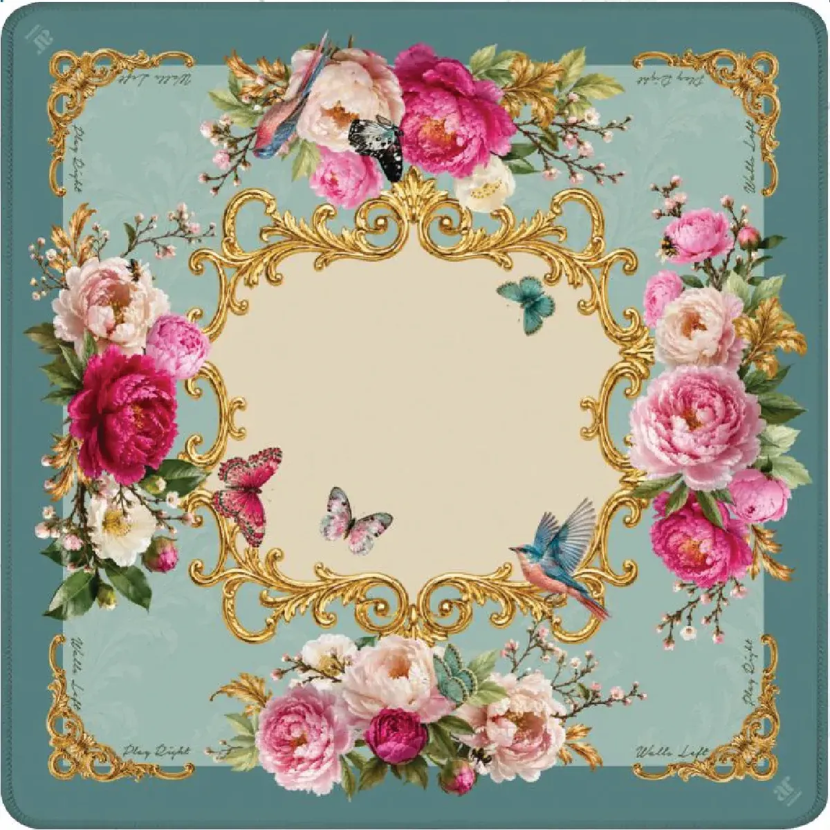 Cream Mahjong mat with blush floral pattern and stitched edges.