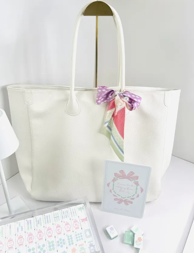 Mahjong Tote with Custom Silk Twilly in white by Bam! Let's Mahjong