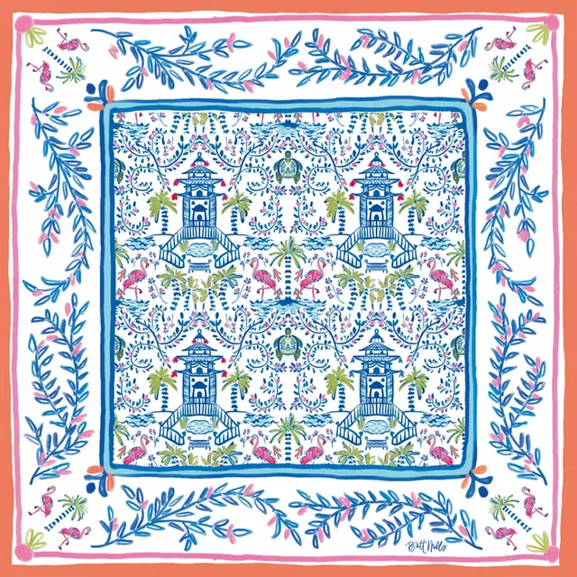 Colorful chinoiserie Mahjong mat by Britt Mills with non-slip backing
