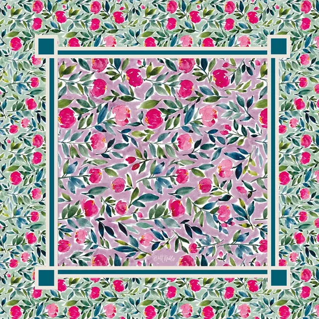 Flora-pattern mahjong mat in muted greens and ivory.