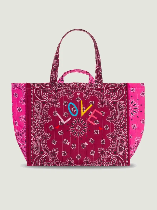Large quilted shopping bag in fushia and burgundy