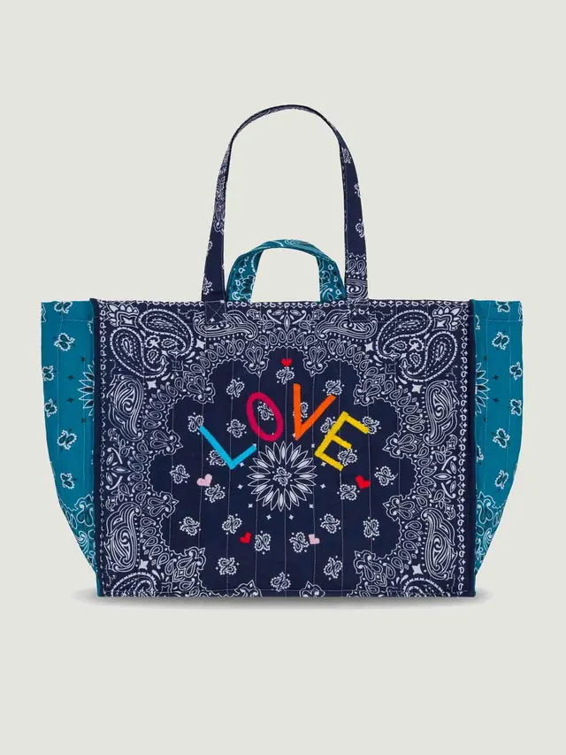 Large quilted navy and petrol tote with sturdy handles