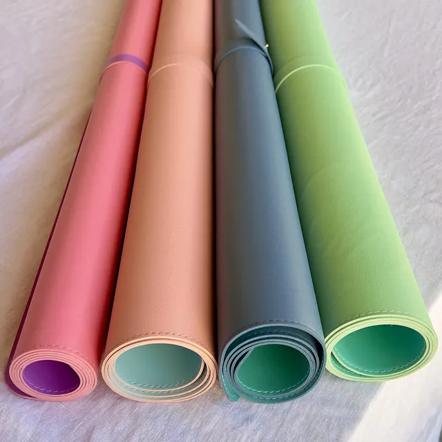 Two-tone reversible vegan leather mat with stitched edges.