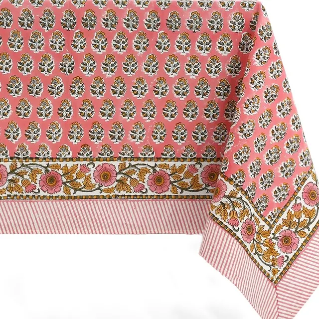 Soft cotton tablecloth with red poppy block print on ivory.