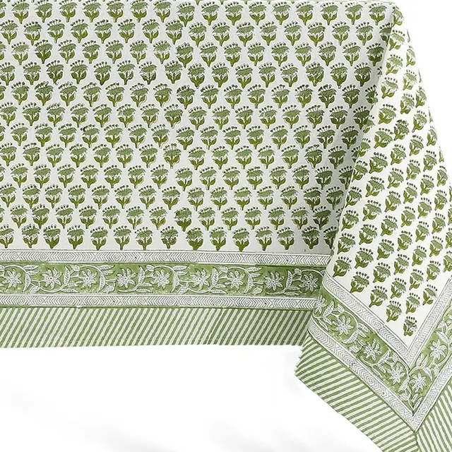 Green Indian Block Pink 60 x 60 Tablecoth mahjong tablecloth by Cotton Print Club
