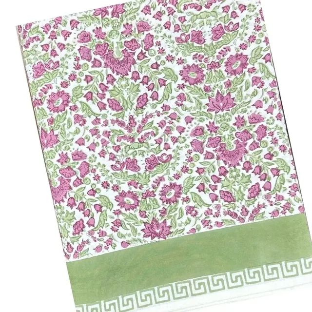 Tablecloth with purple larkspur and green bramble motifs.