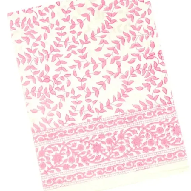 Soft blush pink tablecloth featuring a delicate pink leaves pattern.