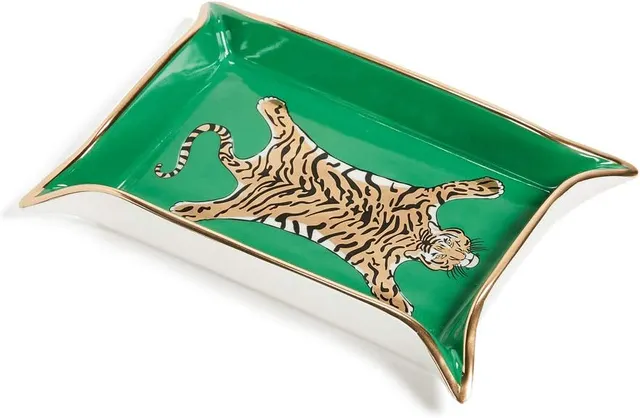 Gold tiger-shaped porcelain tray with glossy finish and details.