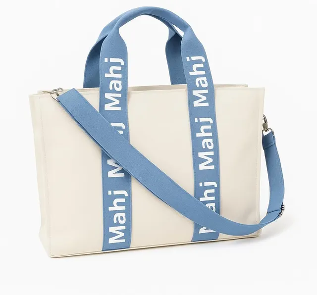 Katsco Blue Canvas Mahjong Tote in blue and cream