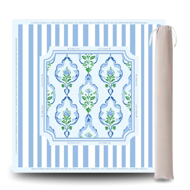 Chinoiserie Blue and Green mahjong playing mat in blue and green by Mahj and Vine
