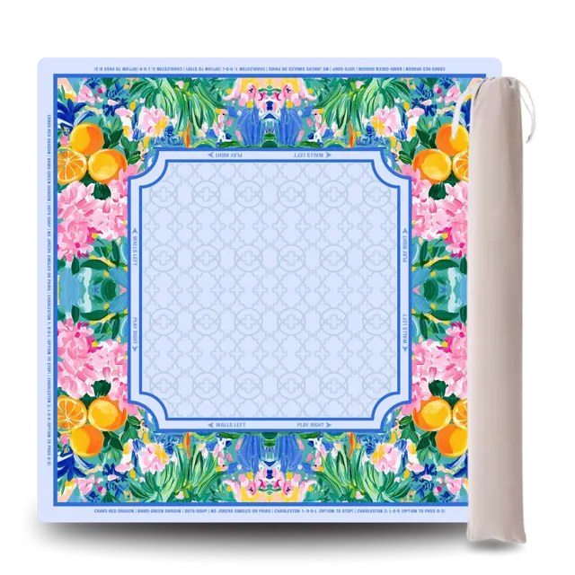 Citrus Grove Mat with citrus-toned weave, textured surface, stitched edges, soft backing.