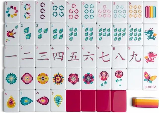 Bright hot pink backed mahjong tiles with colorful faces from Mahjong Atelier