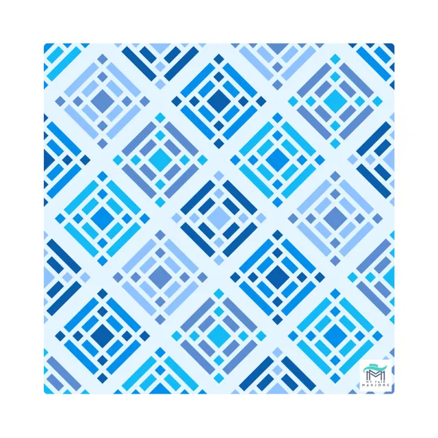 Bright blue Mahjong mat with white edge stitching and grid texture.