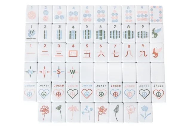 OG Desert Dreams Mahjong Tiles + Tile Pouch + Dice in white and green by Peace Love Mahjong