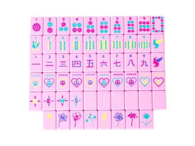 Pretty in Pink Mahjong Tiles + Tile Pouch + Dice in pink and teal by Peace Love Mahjong