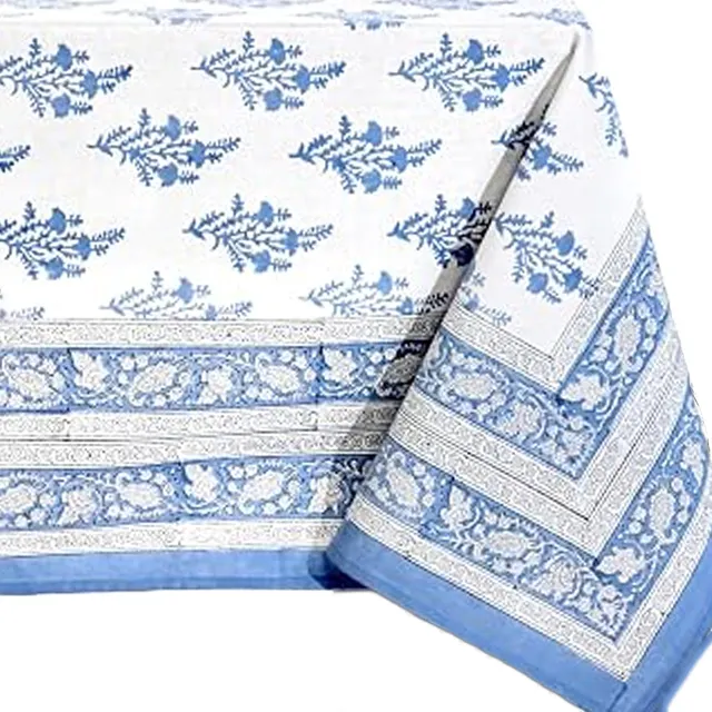 Coastal Blue 60 x 60 Block Print Tablecloth in blue and white by Ridhi