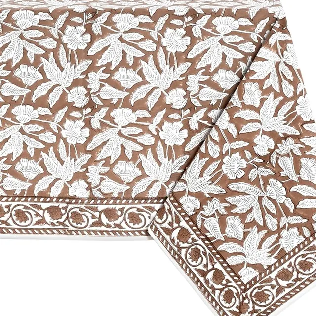 Oak Brown 60 x 60 Block Print Tablecloth in brown and cream by Ridhi