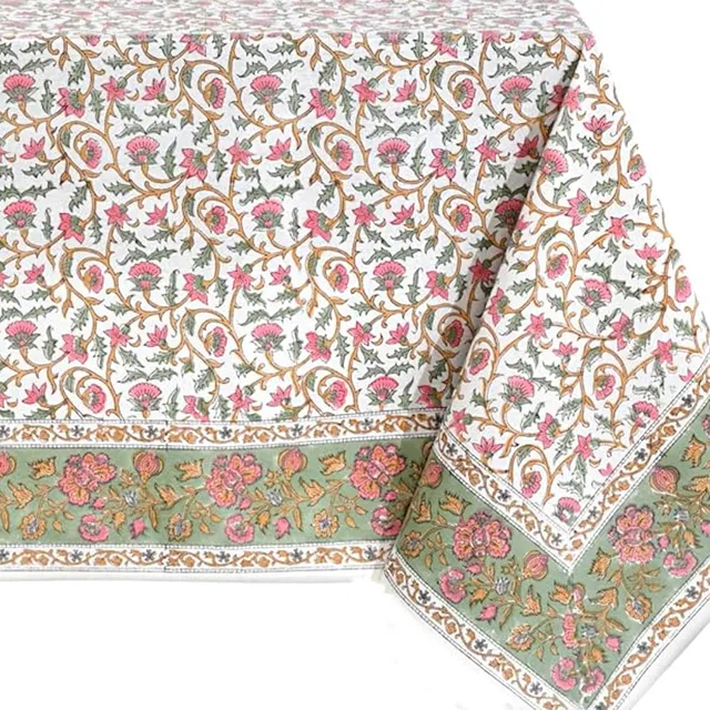 Rose Pink Floral Vine 60 x 60 Block Print mahjong tablecloth in pink and green by Ridhi
