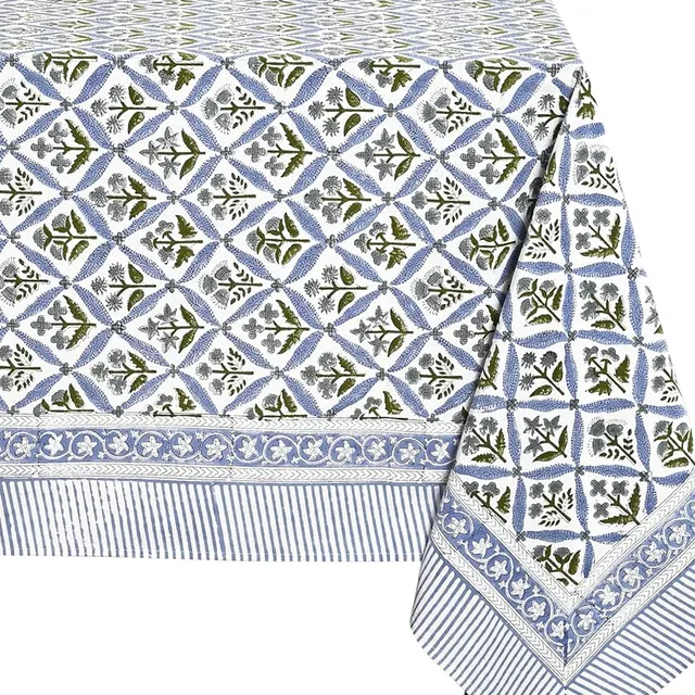 Steel Blue 60 x 60 Block Print Tablecloth in blue by Ridhi
