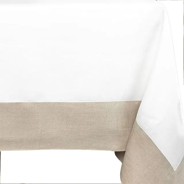 Natural beige linen tablecloth with white panels and clean edges.