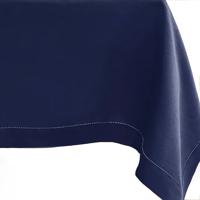 Deep navy linen tablecloth with a tailored hem