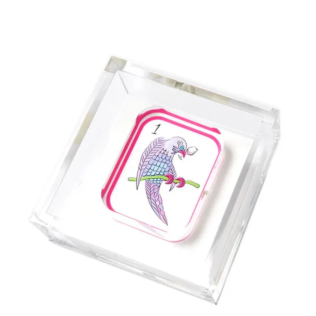 Clear acrylic flat cocktail napkin holder with Birdie Bam motif