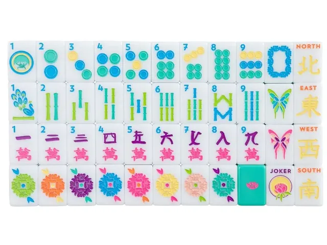 Bright teal mahjong tiles with white pips and a matte glaze.