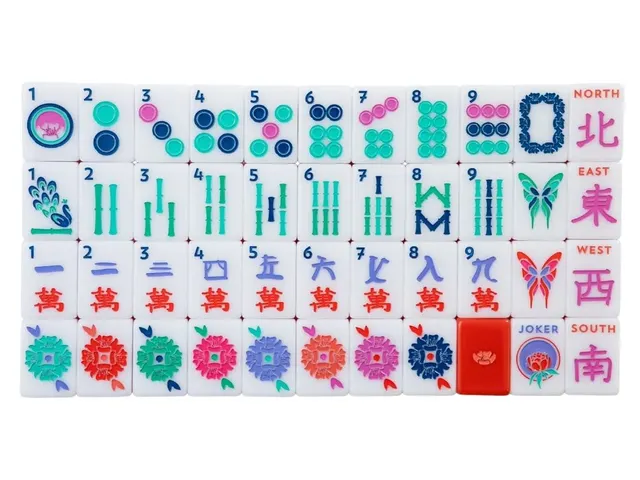 The Jewels! Ruby mahjong tiles with brass-edged, ruby-red design.