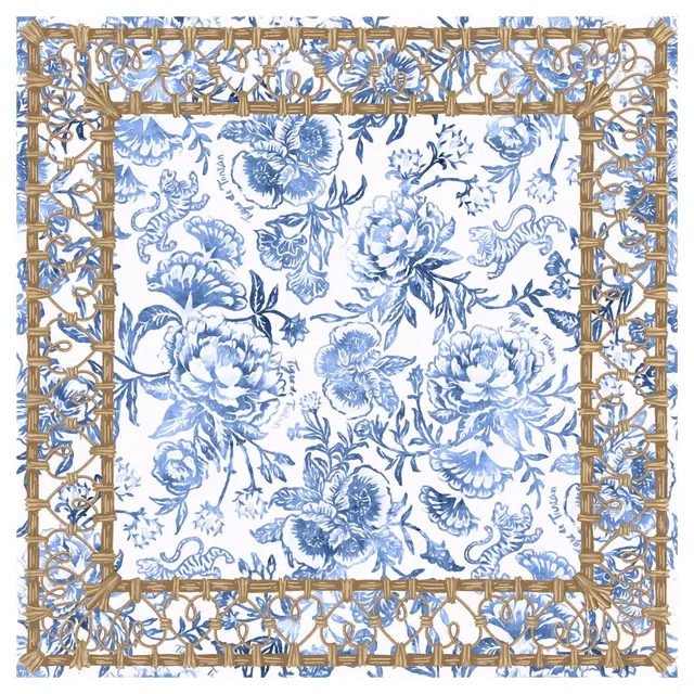 Chinoiserie Denim Mat with indigo denim, gold thread motifs, red piping