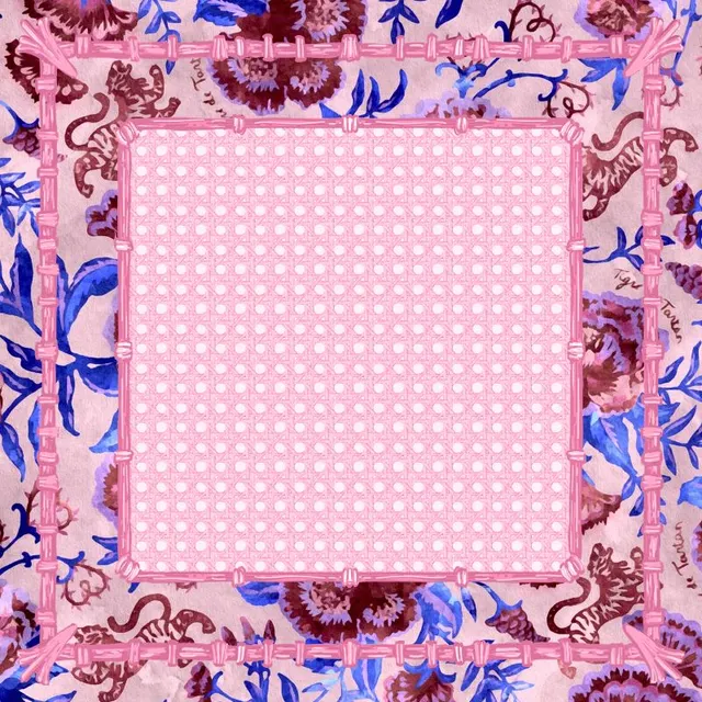 Cream mat with cobalt chinoiserie tartan motif and border.
