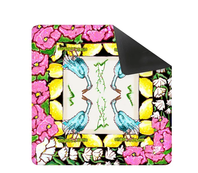 Original painting mat featuring a heron on leather-backed neoprene.
