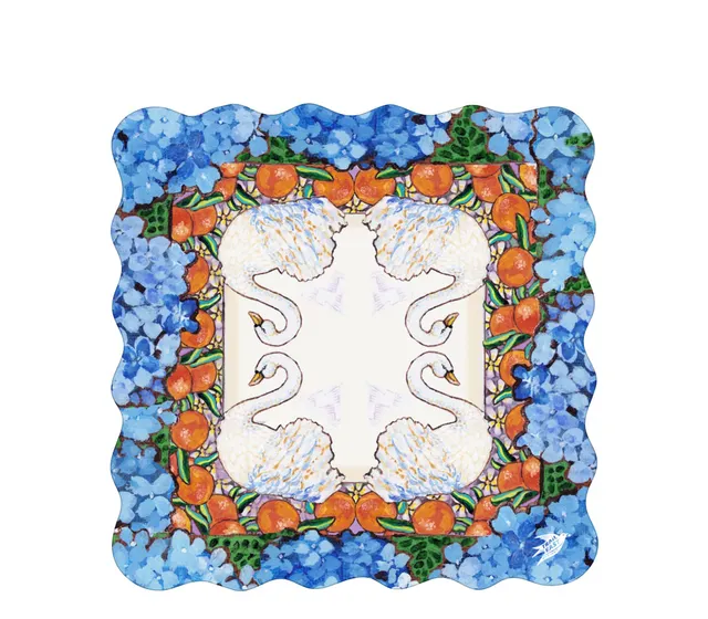 Hand-painted swan motif on leather and neoprene mat with scalloped edge.