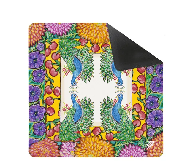 Bird Bam III Peacock Painting Mat in leather and neoprene.