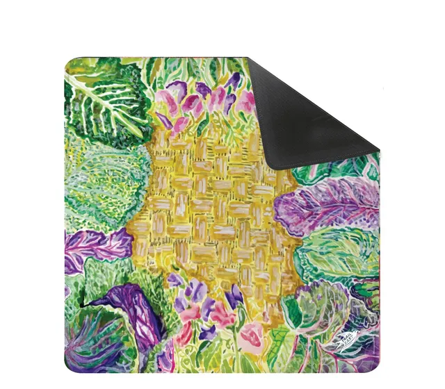 Cabbage Blossoms painting on leather and neoprene playing mat with scalloped edge.