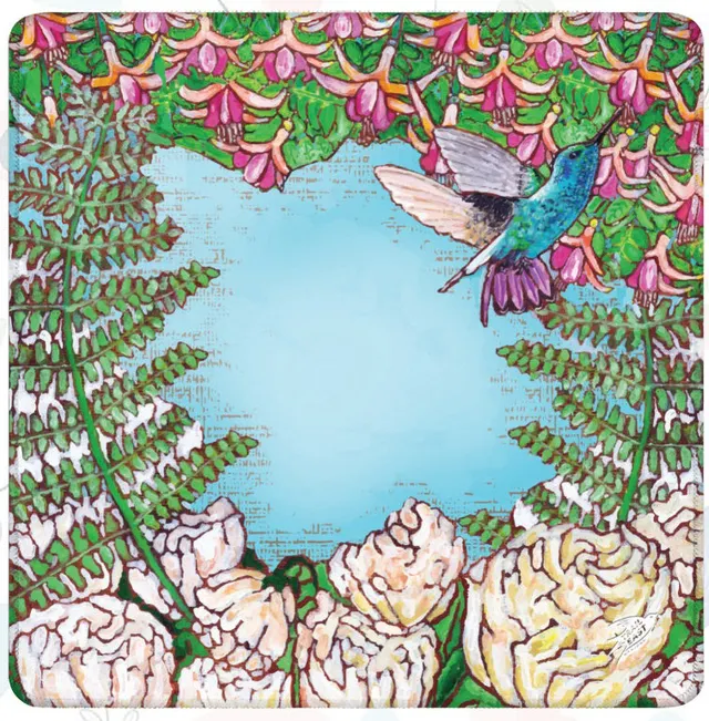 Hummingbird in Fuschia Original Painting mat with scalloped or straight edge.