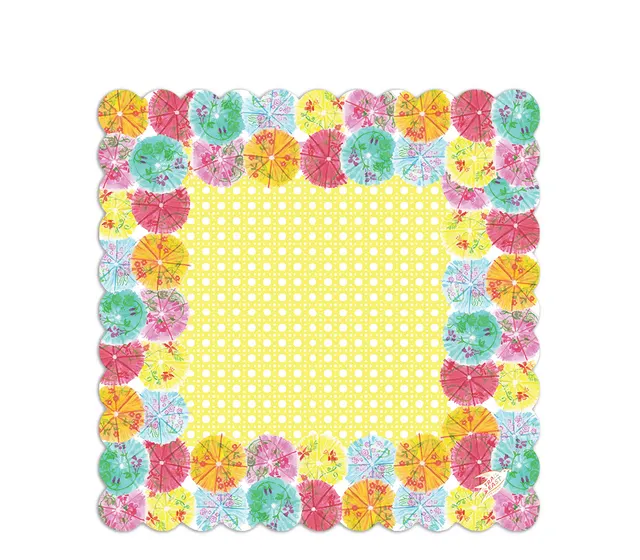 Leather top mat with neoprene backing and scalloped edge design.