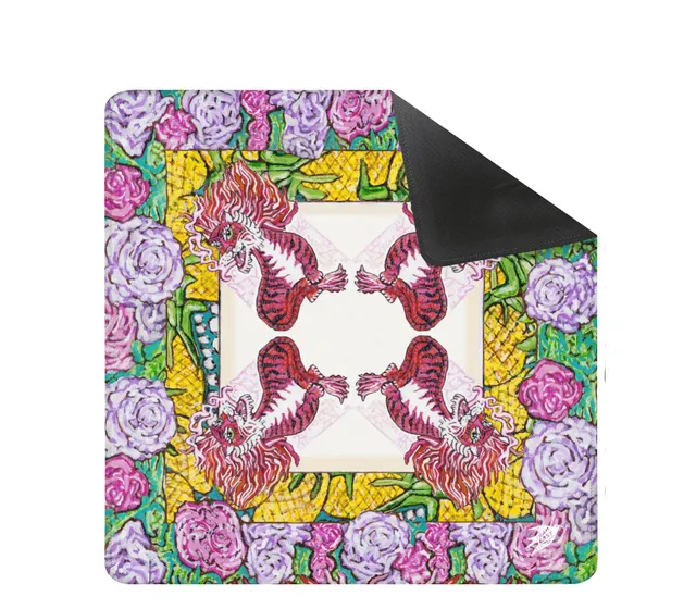 Red Dragon Original Painting mat in leather and neoprene with scalloped edge