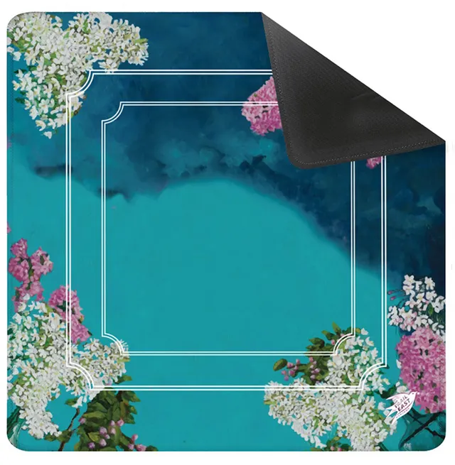 Serene Lilacs mat in leather and neoprene with scalloped edge.