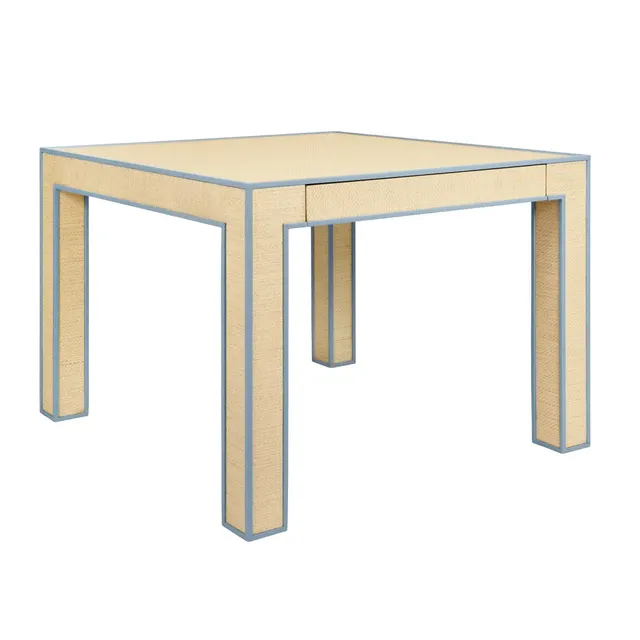 Two Drawer Game Table With Matte Light Blue Lacquer Edging And Inset Natural Grasscloth